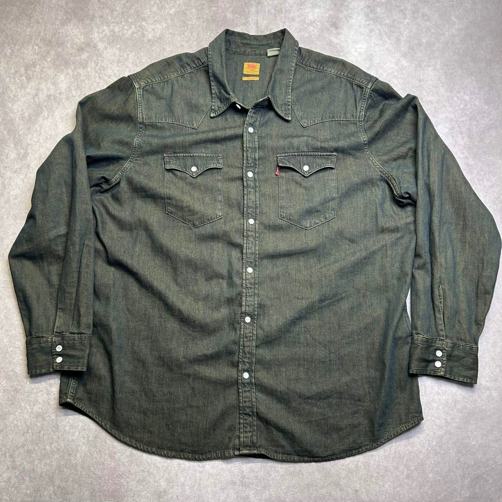 Levis Mens XXL Standard Western Denim Shirt Dark Olive Wash Snap Front